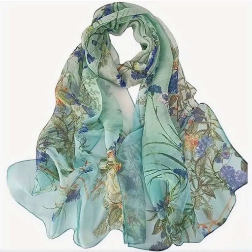 Blooming Pastoral Floral Sage Long Rectangular Scarf